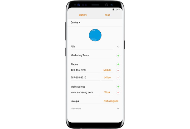 Galaxy S8 with example of using Bixby to scan business card and having the contact details added automatically