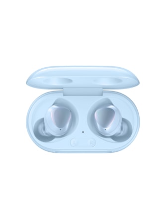 A product shot of a pair of sky blue Galaxy Buds+ sitting in their sky blue case
