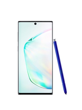 Front-facing shot of an upright Galaxy Note10 with an S Pen leaning on the side of it