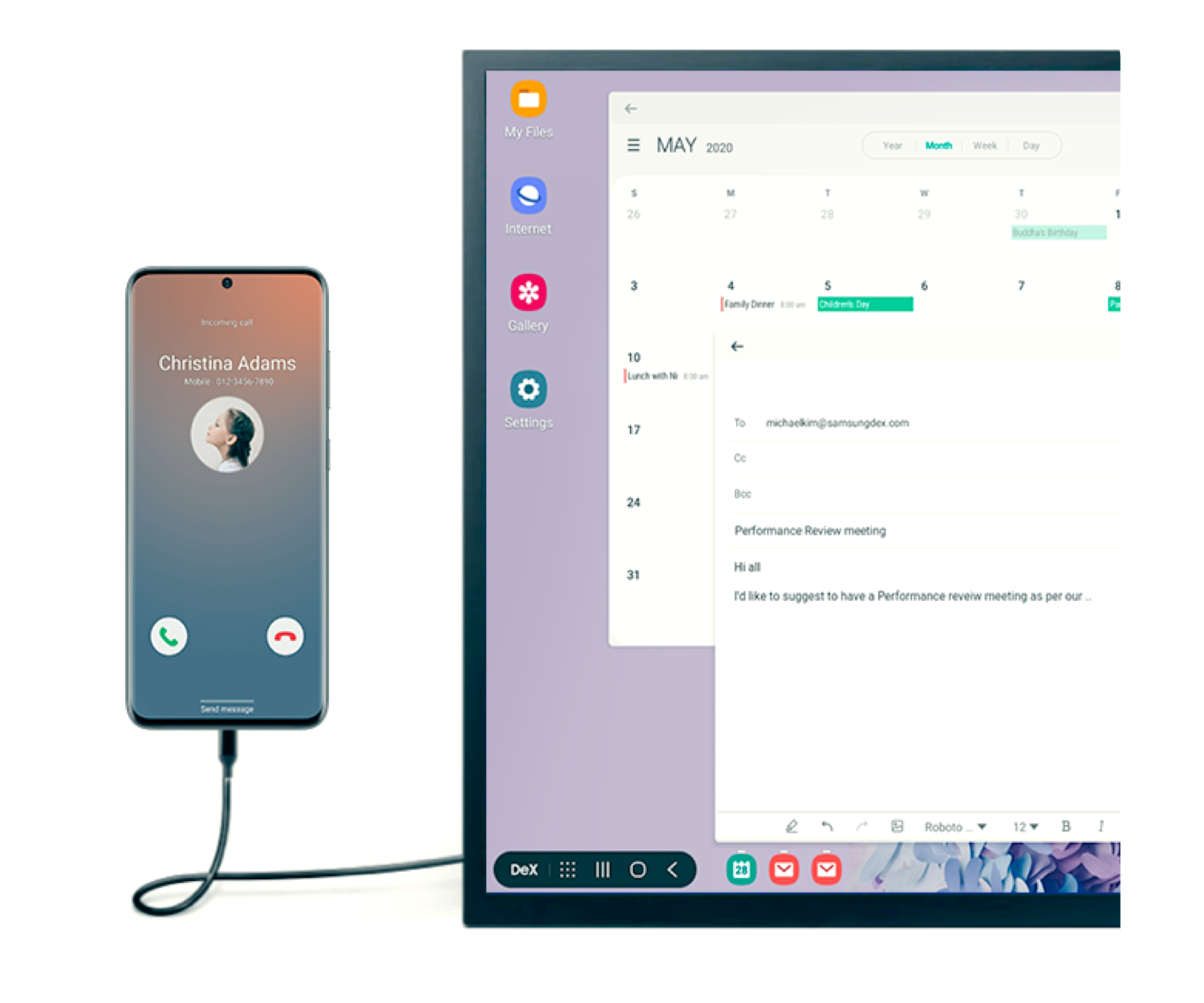 In front of a white background a black Samsung smartphone is shown next to a thin Samsung monitor which it's connected to