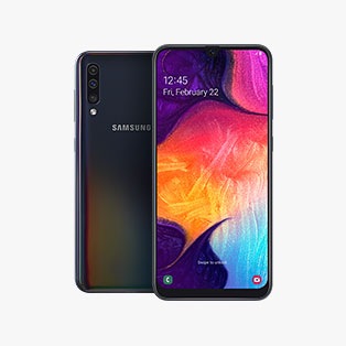 Rear-facing Galaxy A50 behind Galaxy A50 in portrait mode, with a purple and pink flower onscreen.