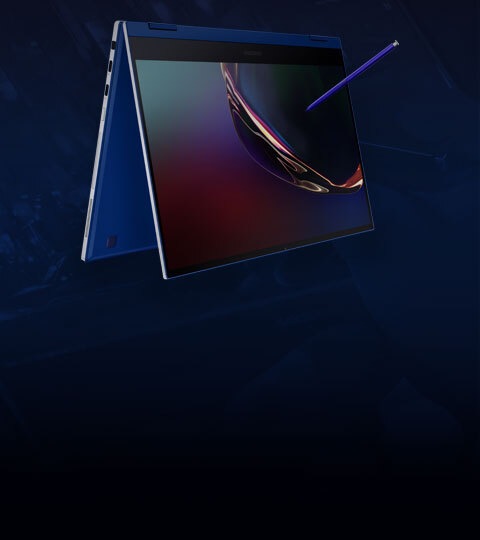 Blue Samsung Galaxy Book Flex laptop stands folded with a blue S Pen floating in front with dark blue background behind both Blue Samsung Galaxy Book Flex laptop stands folded with a blue S Pen floating in front with dark blue background behind both