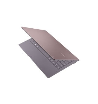 A 13 inch Earthly Gold Samsung Galaxy Book S Intel stood partially open in front of a white background as pictured from above A 13 inch Earthly Gold Samsung Galaxy Book S Intel stood partially open in front of a white background as pictured from above