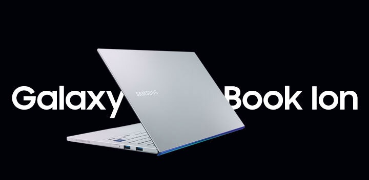 A grey Samsung Galaxy Book Ion laptop slightly open with back of laptop facing forwards with Galaxy Book Ion text on either side in front of a black background A grey Samsung Galaxy Book Ion laptop slightly open with back of laptop facing forwards with Galaxy Book Ion text on either side in front of a black background