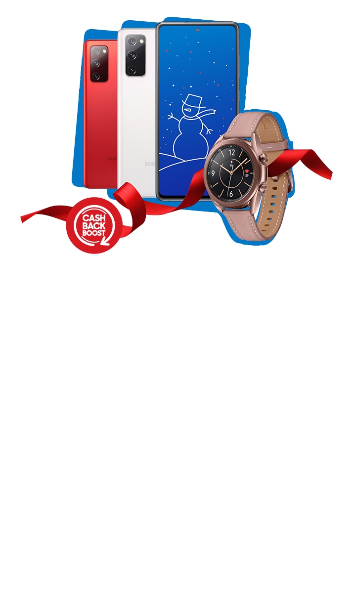 Red, white & black Samsung smartphones lined in a diagonal row with the black phone facing forwards and rose gold Galaxy watch in front