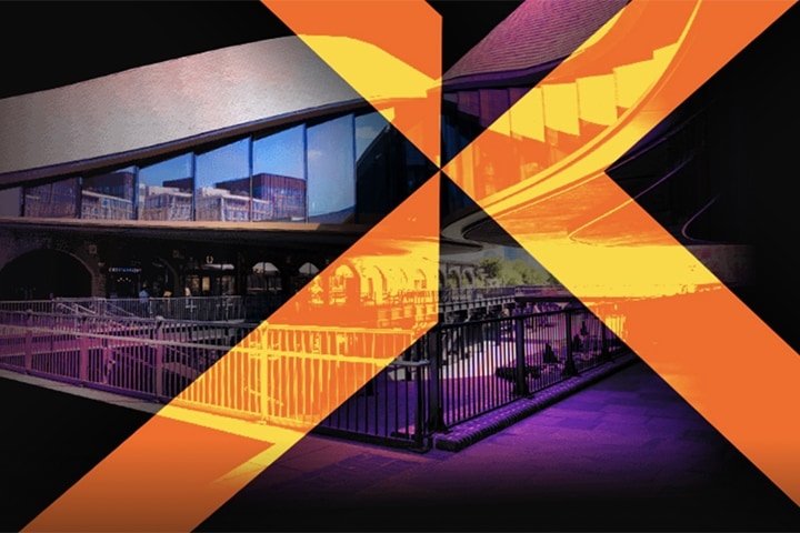 Front entrance of Samsung KX building at King's Cross, London, superimposed with crisscrossed purple and orange linear designs.