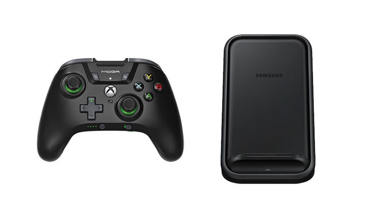 Xbox controller in black and Samsung wireless charger stand in black