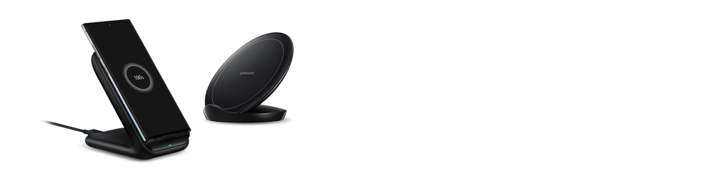 Wireless Charger Stand in black with a Galaxy smartphone charging and Wireless Charger Convertible in black