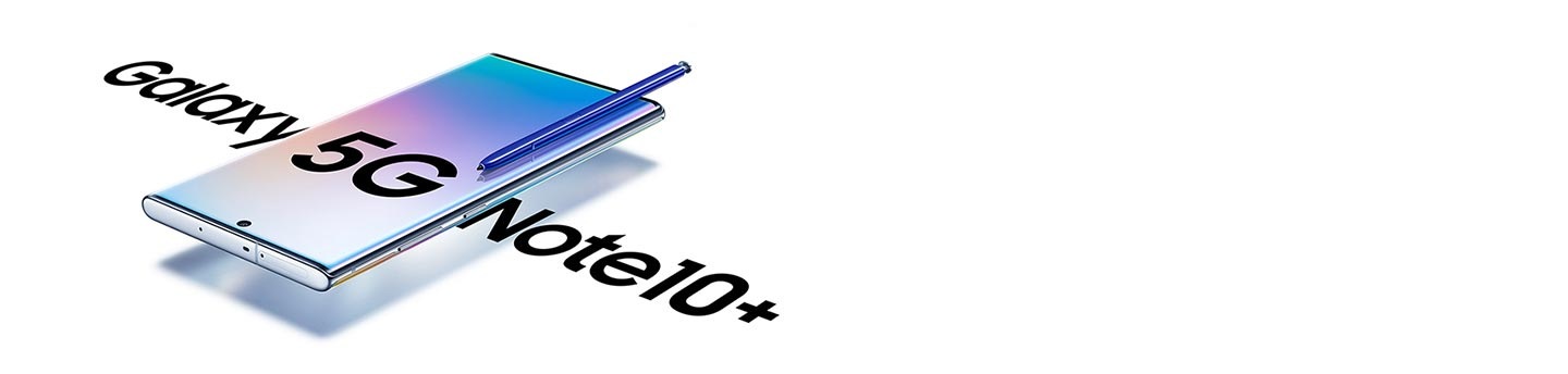 Galaxy Note10 plus 5G laying on its back at a three-quarter angle with a blue S Pen laying across its screen and a gradient graphic and text that says 5G onscreen. On either side of the phone is text saying Galaxy Note10 plus.