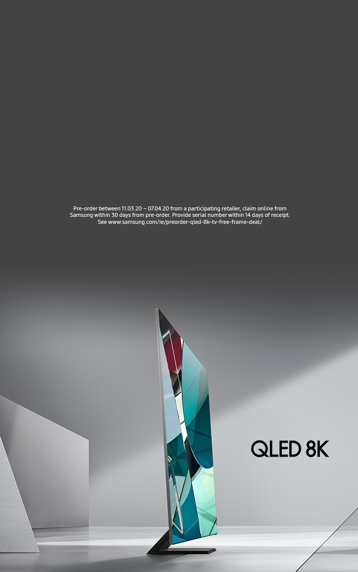 Samsung QLED 8K TV on stand with geometric patterns on screen