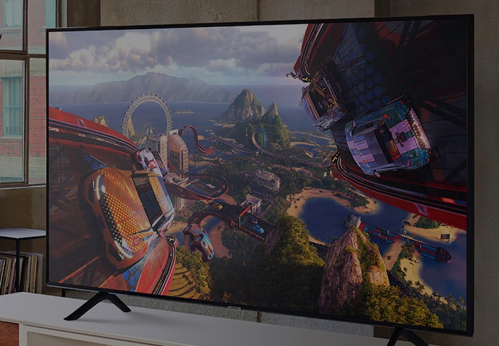 Samsung Gaming TV with black frame and landscape image on screen