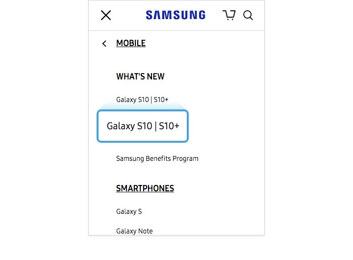 תמונה מוגדלת של תפריט ה-Galaxy S10 של Samsung.com GNB בנייד