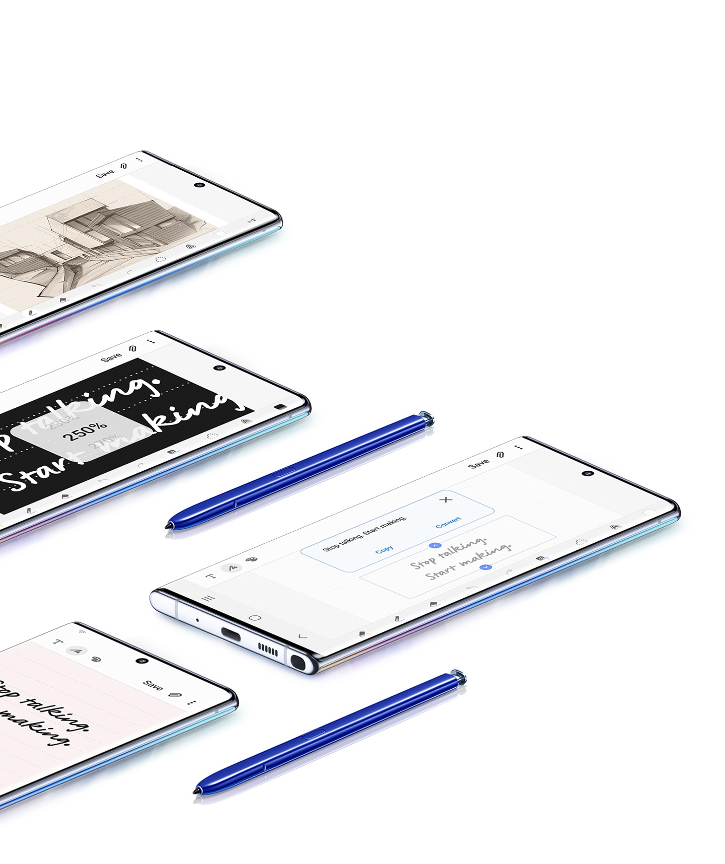 ארבעה טלפוני +Galaxy Note10 עם הפנים למעלה ומגוון שימושי Samsung Notes על גבי המסכים שלהם, ושני עטי S Pen בצבע כחול. מסך אחד מציג איור של בניין, השני מציג ייצוא טקסט, הבא בתור מציג פתק עם ממשק המשתמש הגרפי לזום בחפיפה מעליו, והטלפון האחרון מציג כיתוב עם תפריט הגדרות צבע הרקע.
