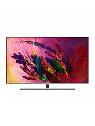 מבט חזיתי של טלוויזיית QLED של Samsung כסופה על מעמד עם תמונה של נוצה בגווני אדום, ירוק, כתום וסגול מוצגת על המסך.