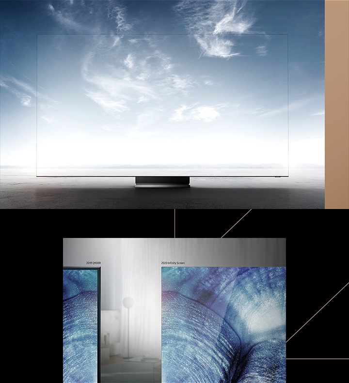 2020 QLED 8K במצב אווירה ממזגת את המסך באופן טבעי לתוך הסביבה הקרובה. שני סוגי מסגרת: 2019 Q900R ומסך 2020 Infinity.