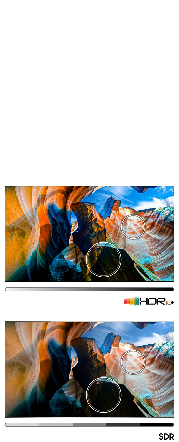 טלוויזיית Samsung QLED 2020 עם Quantum HDR לשיפור תמונה ברורה יותר מציגה תמונת טבע של קניון. טכנולוגיית טווח דינמי גבוה מציגה יותר פרטים בתמונה, אפילו בחלקים הבהירים והחשוכים של הסצינה. מופיעה תמונת SDR כך שניתן לראות כמה היא שונה מתמונת Quantum HDR+.