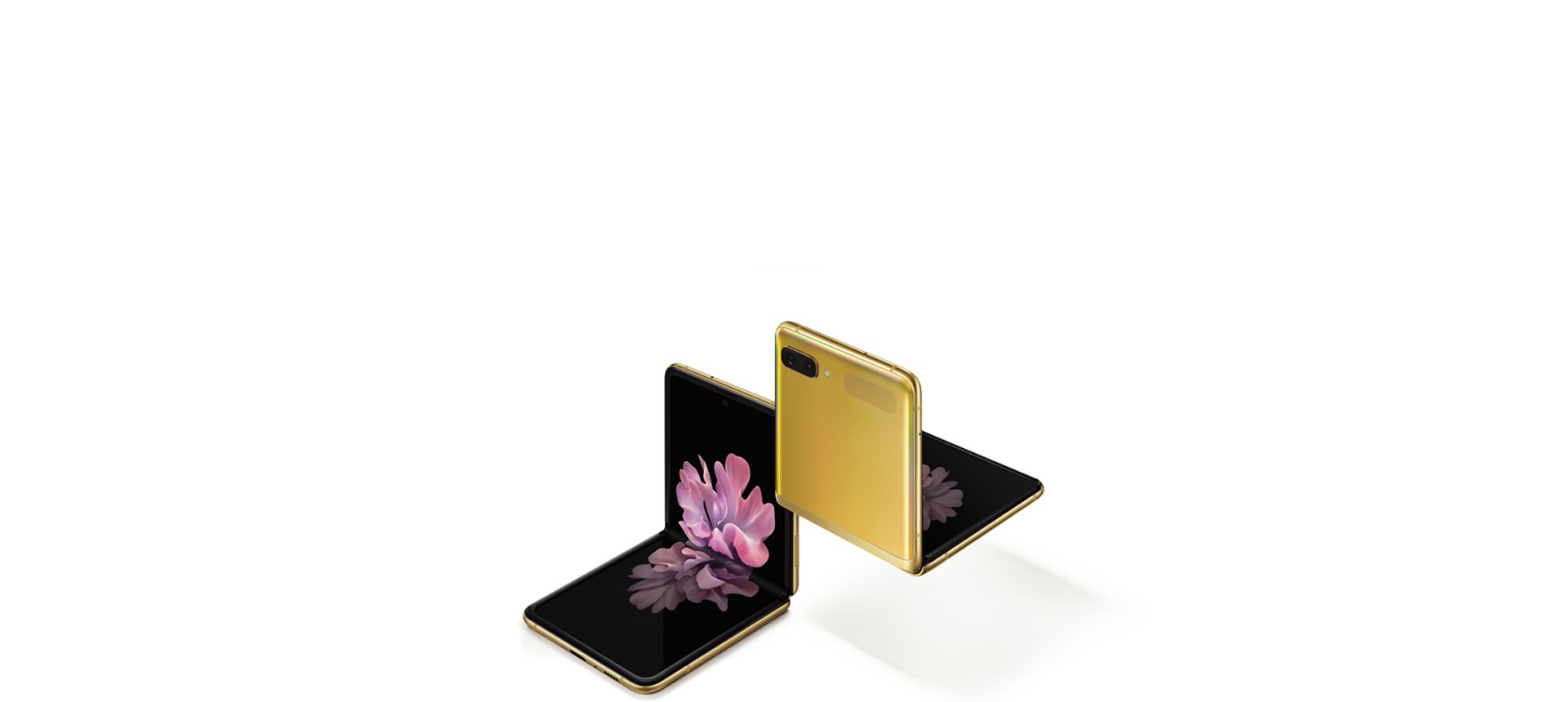 Two Galaxy Z Flip phones in Mirror Purple at a three-quarter angle, one seen from the front and one seen from the rear. Both are folded at right angles with freestop folding. The one seen from the front has the blossoming flower wallpaper onscreen