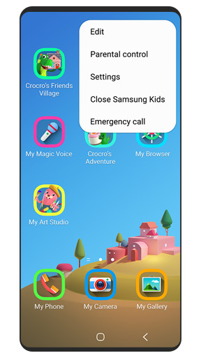 The simulated image of GUI of the Samsung Kids home screen to tap the top-right menu button to access Parental control settings.