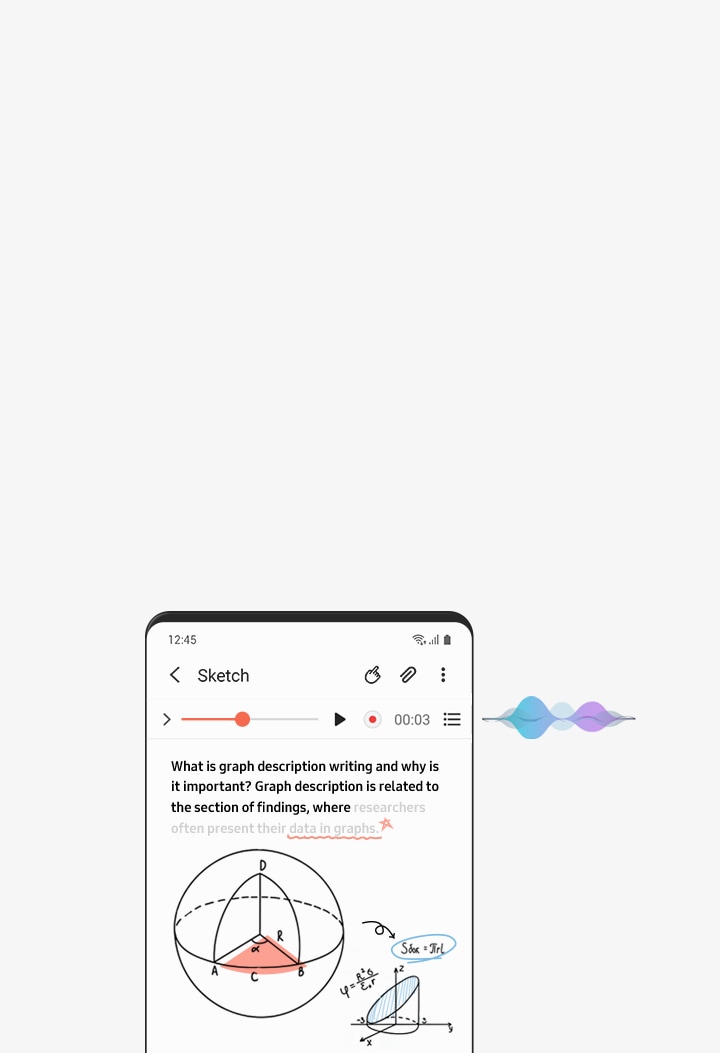 A screenshot shows a synced audio recording and note entitled "Sketch". Below the audio file, the text: "What is graph description writing and why is it important?" and hand-drawn graphs are shown.