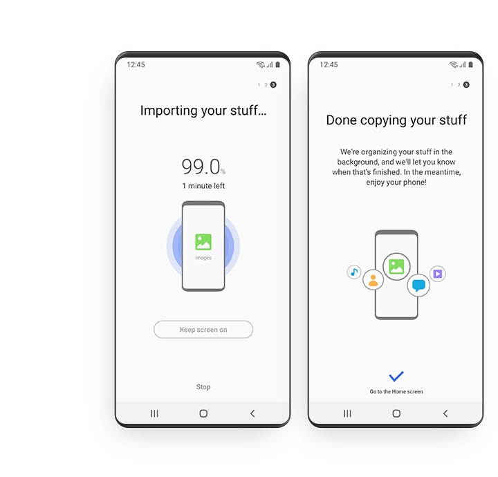 A Galaxy GUI shows the Smart Switch data transfer in process. Another GUI on the right shows the completed data transfer.