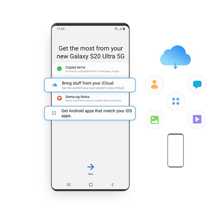 A Galaxy GUI shows various Smart Switch options. To the right, an illustration indicates copying data from iCloud to Galaxy.