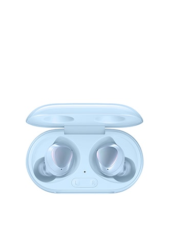 A product shot of a pair of sky blue Galaxy Buds+ sitting in their sky blue case