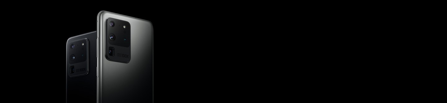 Two Galaxy S20 Ultra phones, one in Cosmic Black, one in Cosmic Gray, seen from the rear at three-quarter angles.