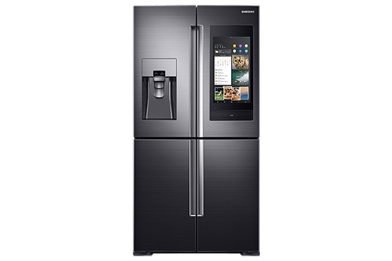 Samsung frenchdoor refrigerator Samsung frenchdoor refrigerator. Family Hub refrigerator in black with built-in screen.