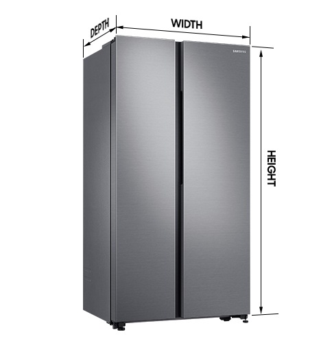 Samsung refrigerator measuring advice. Samsung silver refrigerator dimensions of depth, width and height.