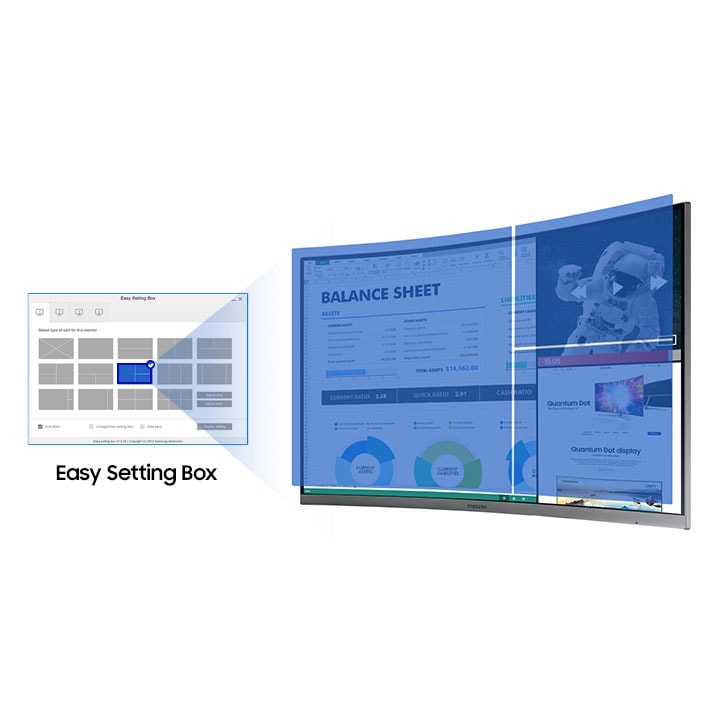 The image describes the software Easy Setting Box that can be used to split multiple screens. On the left is written Easy Setting Box.