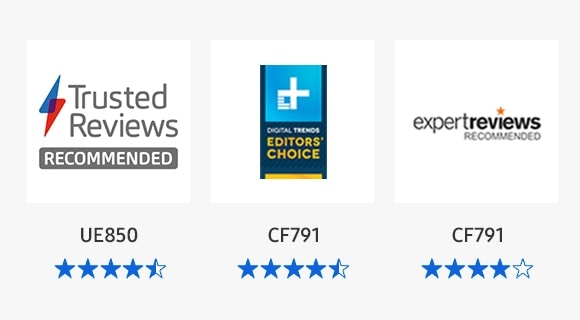 This is an image that shows the review and ratings of Samsung Monitor.At the Trusted Reviews organization, the UE 850 models received 4.5 stars, at the Digital Treats Educational's Choice, the CF791 model received 4.5 stars, and at the expert Review CF791 model received.