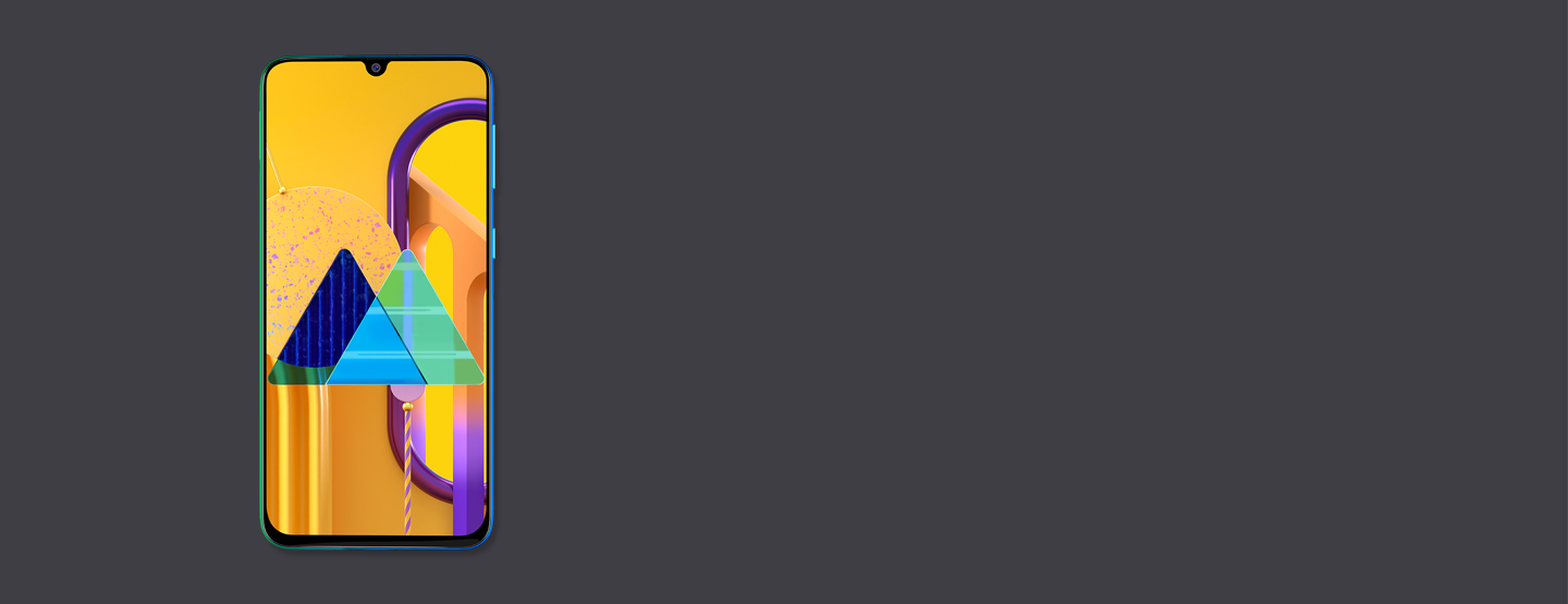 A front view of a Samsung Galaxy M30 is shown on a dark gray background. The screen is showing an orange background with sparks of purple and yellow and two triangles.