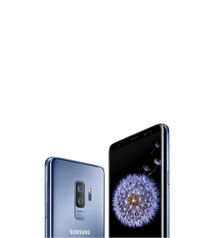 Galaxy S9+ seen from the rear and the front in coral blue, with a dandelion on-screen