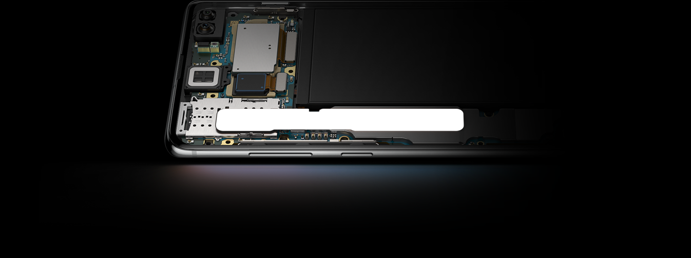 Galaxy S10 plus in landscape mode, propped up at a slight angle from the Bixby and volume button side with the interior hardware revealed, showing the pieces that make Galaxy S10 plus optimized for gaming.