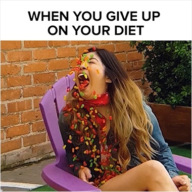 A Super Slow-mo video from BuzzFeed shot on Galaxy of a woman and a man getting various snacks thrown at their face and them trying to catch. The caption above says “When you give up on your diet”.