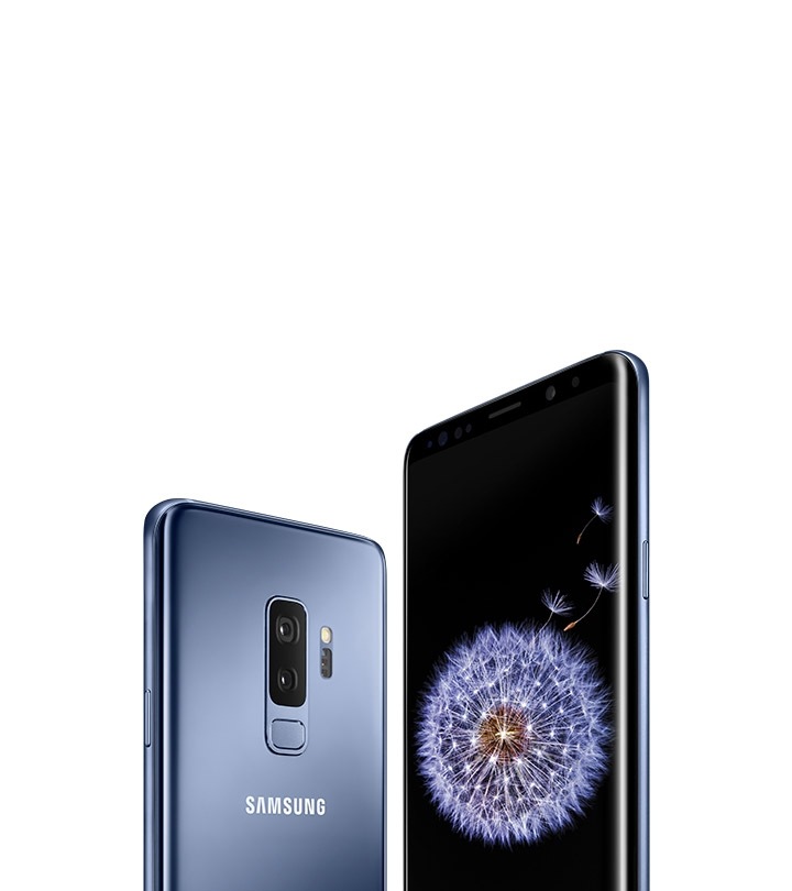 Galaxy S9+ seen from the rear and the front in coral blue, with a dandelion on-screen