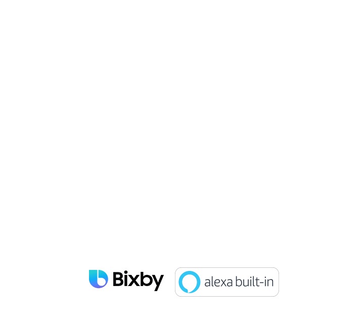Three logos about QLED's voice assistant which are Bixby, built-in Alexa, and Google assistant.