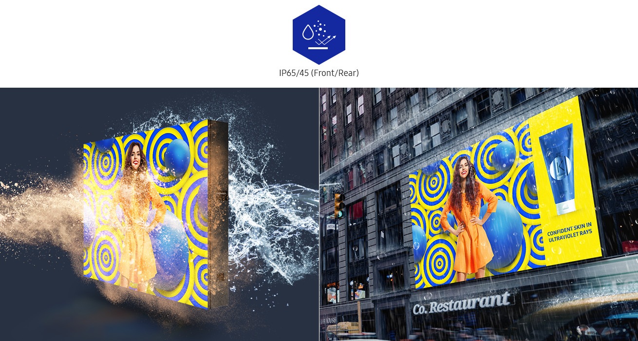 An image showing two XAF Series displays. The image on the left shows sand and water being poured into the display while the image on the right shows a display installed on the external wall of a building, against the background of a rainy day. The IP65/45 (Front/Rear) icon is shown above the image.