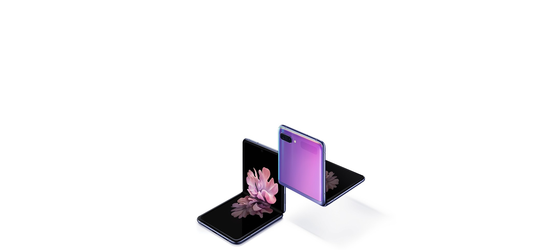 Two Galaxy Z Flip phones in Mirror Purple at a three-quarter angle, one seen from the front and one seen from the rear. Both are folded at right angles with freestop folding. The one seen from the front has the blossoming flower wallpaper onscreen