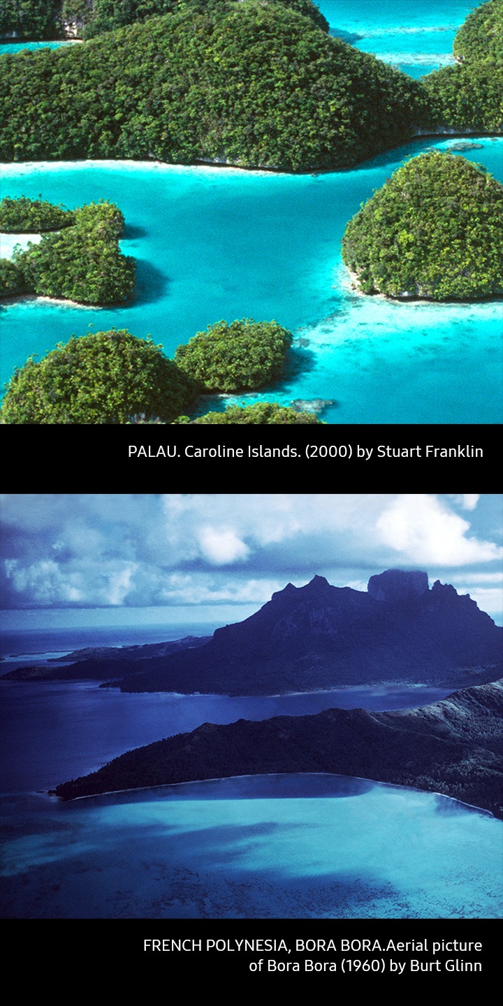 تصویر اول، پالائو. جزایر کارولین. (2000) اثر Stuart Franklin. تصویر دوم، پلینزی فرانسه، بورا بورا. تصویر هوایی از بورا بورا (1960) اثر Burt Glinn.