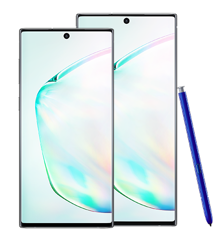 Galaxy Note10 plus و Galaxy Note سفید رنگینکمانی از نمای جلو همراه با قلم آبی با یک تصویر گرافیکی انتزاعی رو صفحه، دیده میشوند.