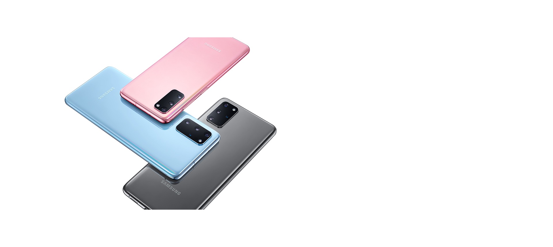 Three Galaxy S20 5G and S20 plus 5G phones, one in Cloud Pink, one in Cloud Blue, and one in Cosmic Gray, all seen from the rear and overlapping in a woven-style design