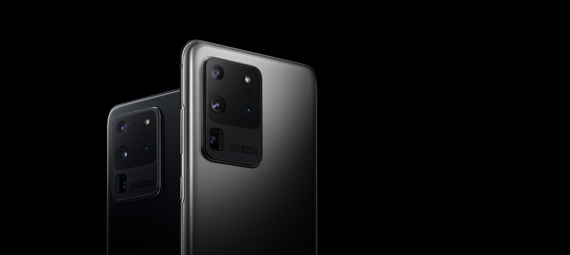 Two Galaxy S20 Ultra phones, one in Cosmic Black, one in Cosmic Gray, seen from the rear at three-quarter angles.