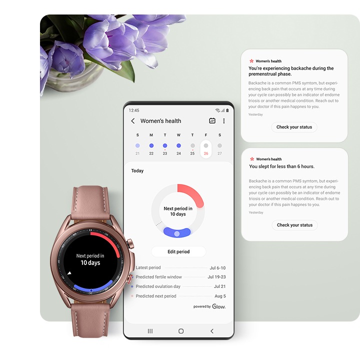 Uno schermo della GUI dello smartphone e un Galaxy Watch mostrano le informazioni di monitoraggio del ciclo mestruale femminile nell'app Samsung Health.