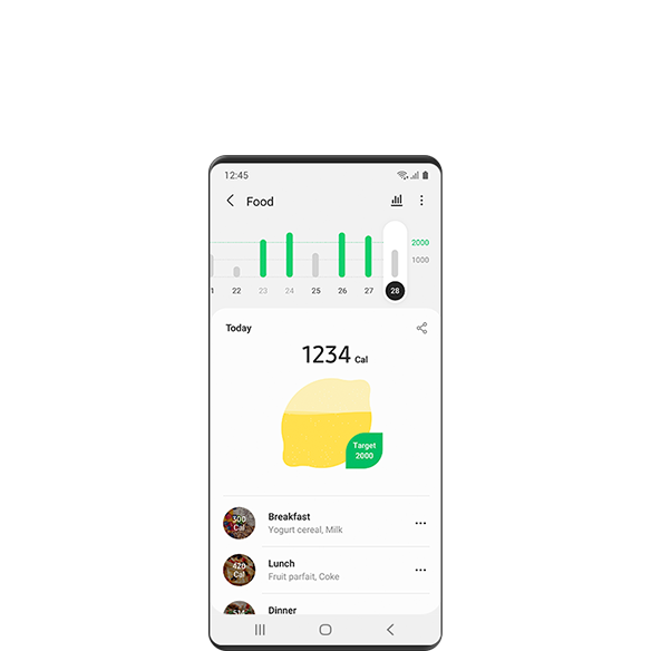 Una schermata dell’interfaccia grafica della funzione Benessere di Samsung Health mostra le calorie assunte durante la settimana, le calorie assunte nella giornata odierna nonché le calorie e il contenuto di ciascun pasto.