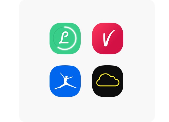 Uno screenshot delle icone per applicazioni di terze parti compatibili con l'app Samsung Health (My Fitness Pal, Workout Trainer, Technogym, Lifesum).