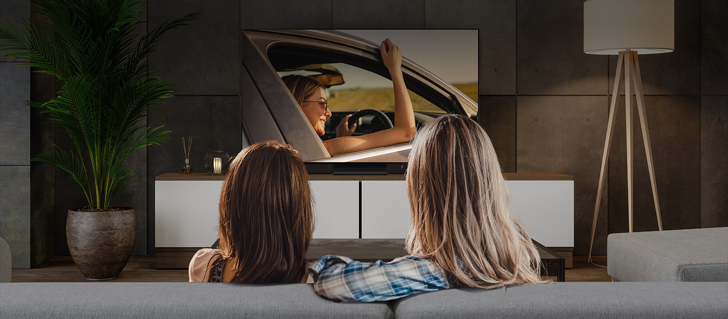 In primo piano vediamo la parte posteriore della testa di due donne, una bionda e l’altra rossa di capelli. Stanno guardando un film in salotto su un grande TV, che vediamo sullo sfondo.
