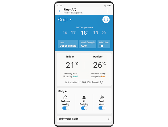 Un display Galaxy mostra l’interfaccia grafica della funzione Welcome Cooling di SmartThings, con una temperatura temperature, la temperatura interna e quella esterna e impostazioni aggiuntive.