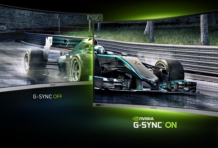 un auto da corsa mostrata su due schermi, a sinistra lo schermo con G-sync off e a destra lo schermo compatibile con G-sync