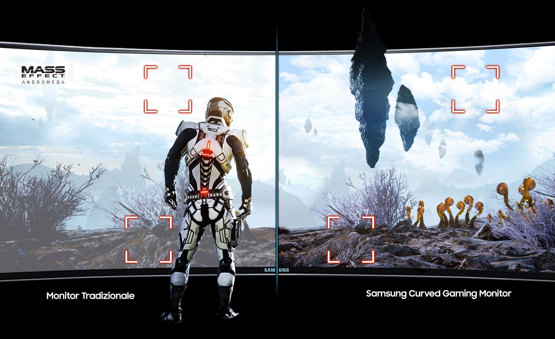 Still-cut image comparing conventional monitor with Samsung QLED Gaming monitor, which is featured by High Dynamic Range display, darker black as well as wider range of rich and saturated hues.